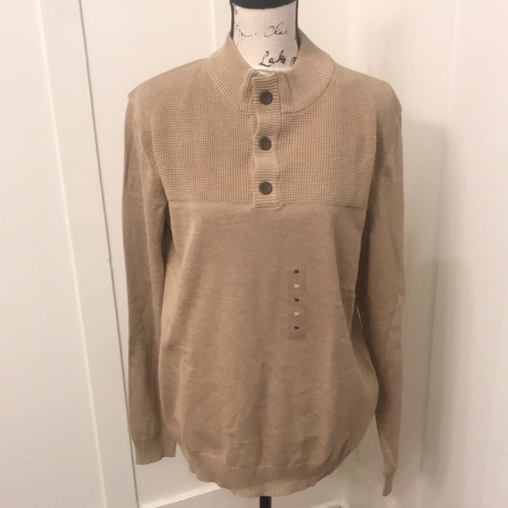 Club Room Button Mock Sweater, Tan, Men’s size M, New With Tags